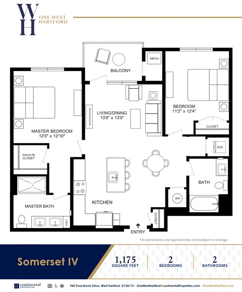 Floor plan for 2 beds, 2 baths, 1175 sqft